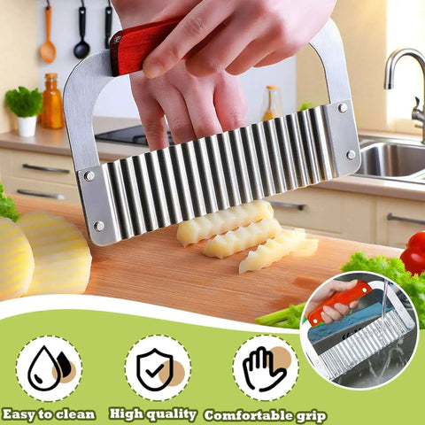 Crinkle Cutter For Restaurant Style Fries And Wavy Chips At Home With An Extra Large 7.3 Inch Stainless Steel Blade And Wooden Handle