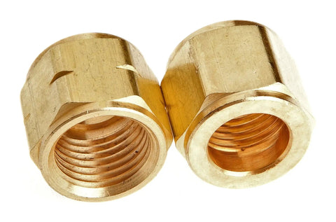 Close-up of brass hose nuts from Hose Repair Kit for Oxygen and Acetylene Quarter Inch Barbed Nipples Ferrules.