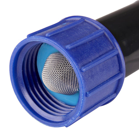 Raindrip compression swivel adapter with washer, blue plastic fitting for 5/8 tubing to 3/4 MHT hose bib, front view