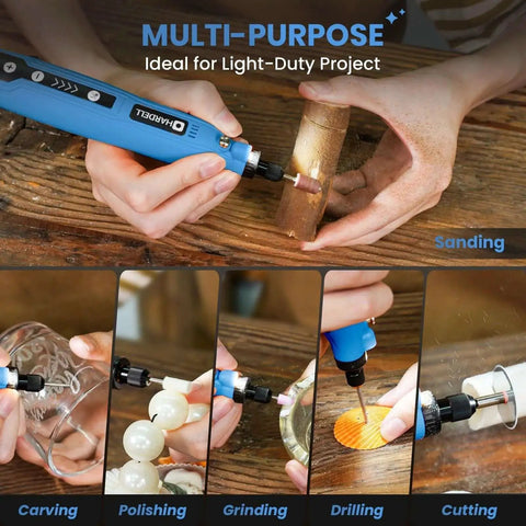 Cordless Rotary Tool Kit With 69 Accessories 3.7V Mini Power Drill Type C Charging 5 Variable Speeds shown sanding wood