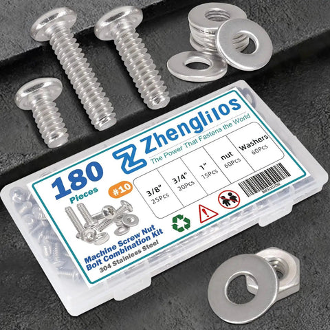 Ultimate 180-Piece Stainless Steel Bolt and Screw Combo Kit with #10 Phillips screws, nuts, washers; sizes 3/8, 3/4, 1 inch; rust-resistant.