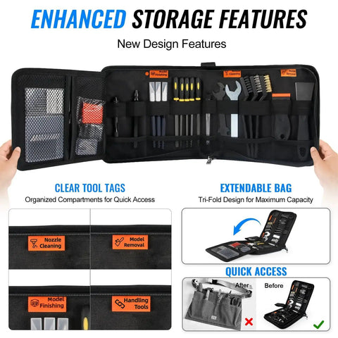 Open view of All In One 68 Piece 3D Printer Tools Kit With Durable Storage Case showing organized compartments and tools.