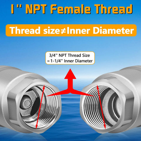 Check valve, 1-inch NPT female, 304 stainless steel inline valve with two threaded ends and red flow arrows