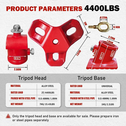 Diagrams and specifications of 4400 Lbs Tripod Head And Base Set With 360 Rotation Ring For Hand Chain Hoists in red alloy steel.