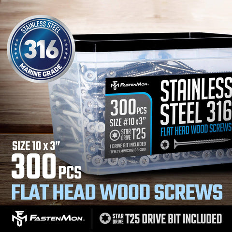 #10 x 3 Marine Grade Type 316 Stainless Steel Wood Screws - 300 Pack with T25 Bit - Torx Flat Head Type 17 Point Ideal for Decks, Fences, and Coastal Construction - Canadian Ball Bearing Supplier.