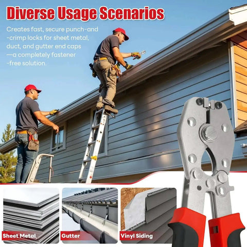 Locking Punch Notcher For Sheet Metal With Three Eighths Inch Wide Throat Gutter Crimping Tool demonstration on roof