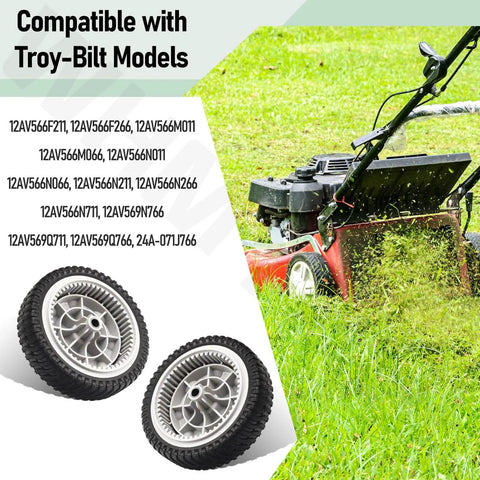 Two Pack Eight Inch Front Wheel Drive Assembly For Walk Behind Mowers Fits MTD Troy-Bilt Craftsman Replaces 634-06986 703386 634-0244 734-04475 Durable Plastic And Rubber Wheel Set With One Half Inch Bore And Two And One Eighth Inch Width, shown with compatible Troy-Bilt lawn mower.
