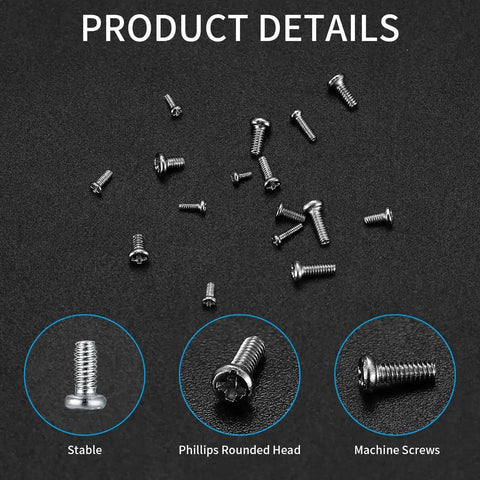 800 Piece Tiny Screws Kit For Electronics And Gadgets Micro Pan Head Machine Screws For Eyeglasses Watches Clocks And Phones In Sizes M1 M1.2 M1.4 M1.6 And M1.7, showing various screw types on black background.