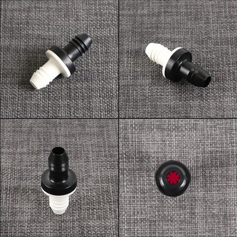 BBTUS inline vacuum barbed check valve, 3/8 in (10 mm), ABS black body with white barb connector
Inline vacuum barbed check valve side view, ABS plastic, black body with white barb
Inline vacuum check valve close-up of barb end, white fitting and black nozzle, ABS
Top view of inline vacuum barbed check valve, red internal disc in black ABS housing