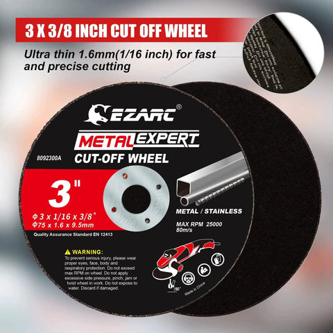 Heavy Duty Cut Off Wheels 25 Pack For Die Grinder 3 Inch Diameter 1 Sixteenth Inch Thick 3 Eighth Inch Arbor Metal And Stainless Steel Cutting Discs Built Tough For Fast Clean Cuts And Long Lasting Performance EZARC, front view with packaging details