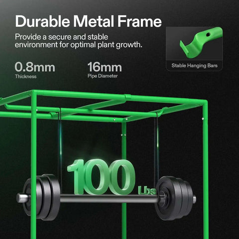 Durable metal frame of S3018 grow tent with 0.8mm thickness and 16mm pipe diameter, showcasing 100 lbs weight capacity for indoor use.