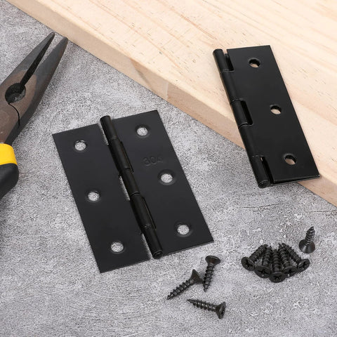 Two black 3-inch stainless steel door hinges with 12 screws for doors, wooden boxes, and windows