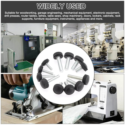 195 Piece Knurled Thumb Screw Kit With 12 Sizes M4 M5 M6 In 12, 16, 20, 25mm Lengths displayed with machinery and tools