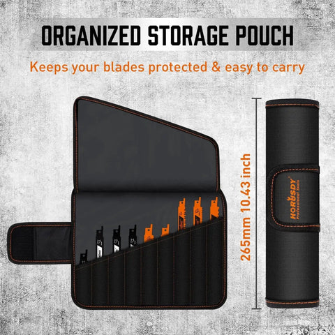 Open and rolled view of storage pouch for 40 Piece Reciprocating Saw Blade Set For Wood Metal PVC Pruning And Wet Wood Cuts With Storage Pouch Bi Metal High Speed Cr V Blades 3 To 24 TPI For Tough Jobs And Long Lasting Sharpness Pro Grade Quality Beast Mode Ready