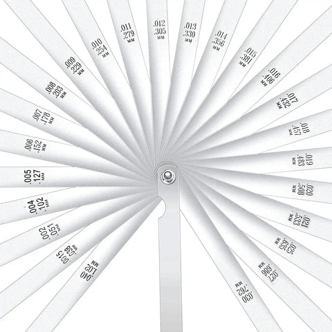 Premium 25 Blades Feeler Gauge Set With Hardened Steel, Tapered And Dual Marked Metric And Imperial displayed spread open