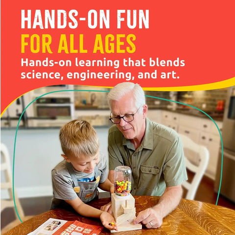 Candy Dispenser Woodworking Kit For Kids A Hands On STEM Building Project With FSC Certified Wood Paints And Tools Includes DIY Gumball Machine Craft For Boys And Girls Ages Six And Up shown in use by adult and child.