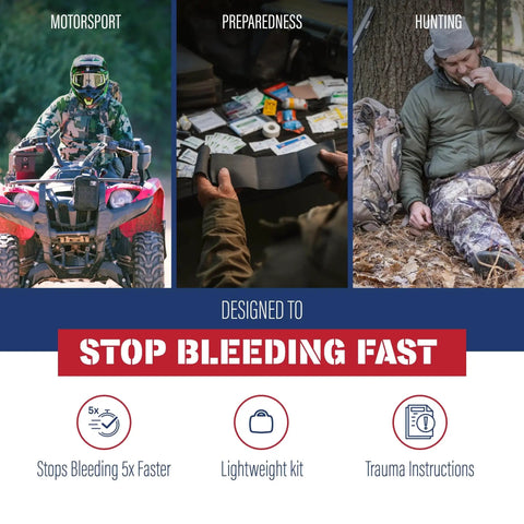 Motorsport, preparedness, and hunting with Trauma Pak First Aid Kit With QuikClot Sponge For Quick Bleed Control displayed.