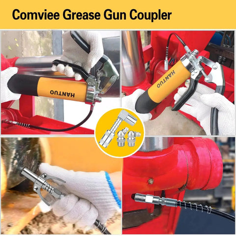 All In One 17 Piece Grease Gun Accessory Kit With Quick Connect Coupler 90 Degree Adapter 12 Inch Spring Flex Hose in use