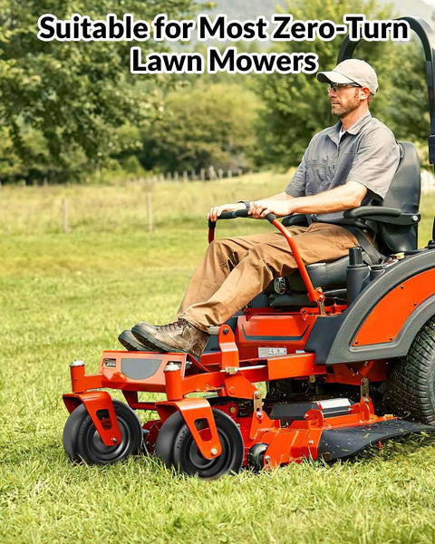 Man using a zero-turn mower equipped with Flat Free Tire And Wheel Set For Lawn Mowers 11x6.00-5 Solid Front Tires, outdoor setting.