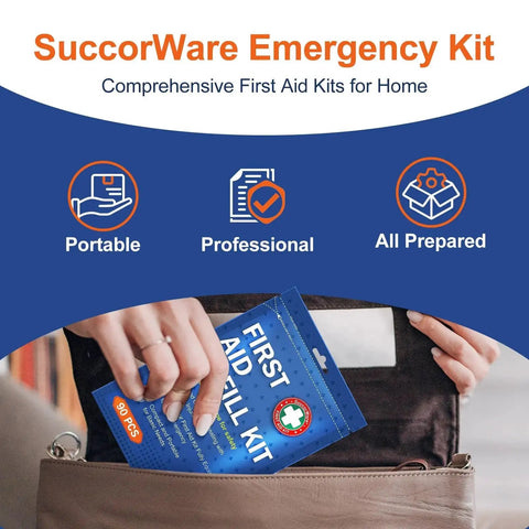 SuccorWare 90 Piece First Aid Refill Kit For Home Travel And Hiking, portable in use, showing emergency kit being placed into bag.