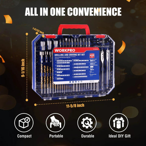 Front view of WorkPro All In One 455 Piece Drill Bit And Screwdriver Bit Set with Titanium Twist Bits and storage case.