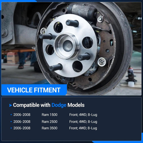 Front Wheel Bearing And Hub Assembly 8 Lug 4WD With ABS Pair For Dodge Ram 1500 2500 3500 2006 To 2008 installed view