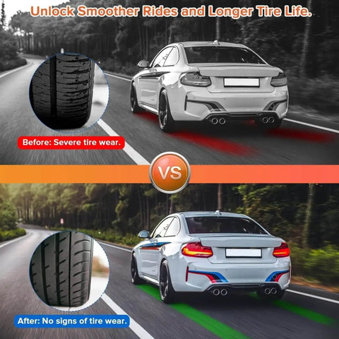 Comparison of a car with severe tire wear before using the wheel alignment tool kit and improved tire condition after use.
