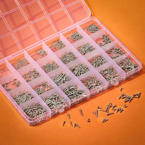 Must Have 1440 Pcs Mini Screws Self Tapping Phillips Pan Head Micro Screws For Small Electronics Sizes M1 Through M2 In Nickel Plated Silver Finish In 24 Size Assortment With Transparent Plastic Box