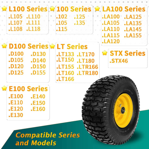Two Pack 15x6.00-6 Lawn Mower Tire And Wheel Set For Front Replacement On Most 100 And 300 Series Riding Mowers With 3/4 Inch And 5/8 Inch Bearings, 3 Inch Offset Hub Adjustable Up To 4.4 Inches, 4 Ply Tubeless, 570 Lb Load Capacity with series compatibility chart background.