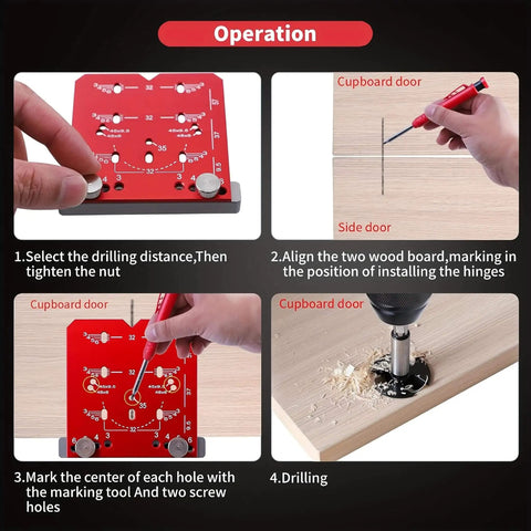 Adjustable Cabinet Hinge Jig For 35mm Drilling 45mm And 48mm Concealed Hinges Drill Guide Tool in use on wood.
