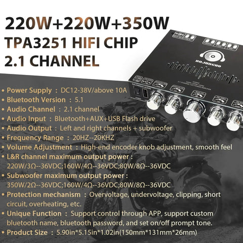 Specifications of Beefy 2.1 Channel Bluetooth Amplifier Board With Subwoofer For Home Theater And Car Audio, TPA3251 Chip detailed in text.
