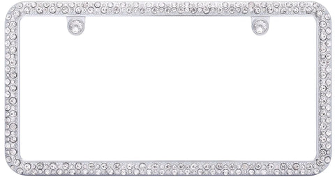 Elegance Chrome License Plate Frame With Diamond Bling And Fastener Caps, 144 Simulated Diamonds, 6mm, Rattle Free Clips, Durable Zinc Die Cast