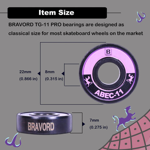 BRAVORD TG-11PRO skateboard bearings, black ceramic with washers and spacers, pack of 8, 22 mm outer, 8 mm bore