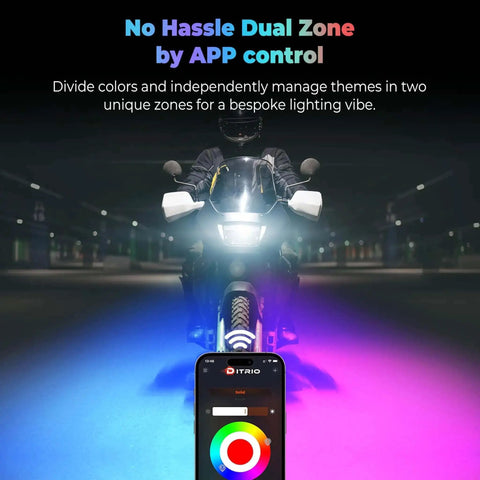 Lit Underglow LED Kit With Brake And Turn Signals For Motorcycles, RGB Lights showing dual zone lighting via DITRIO app control