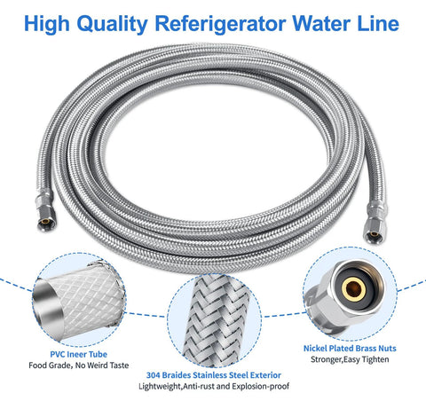 Refrigerator water line kit, 12 ft stainless steel braided hose with 1/4 inch compression fittings and PEX inner tube.