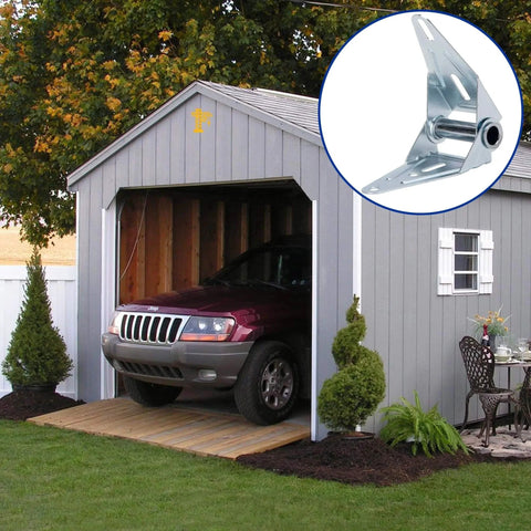 Garage with two eighteen gauge narrow body garage door hinges in cold rolled steel with galvanized finish, hardware shown up close.