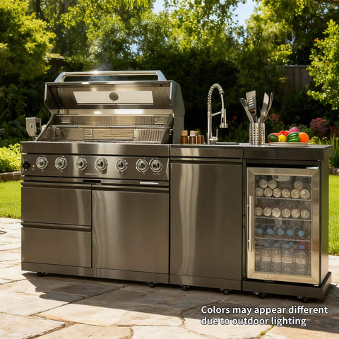 82 Inch Natural Gas Outdoor Kitchen Island with Grill - 6-Burner 85000 BTU, Height-Adjustable Infrared Rear Burner, Sink/Wine Cooler, Granite Countertops & Rotisserie Kit, For Patio, Lawn, Backyard in a sunny backyard setting.