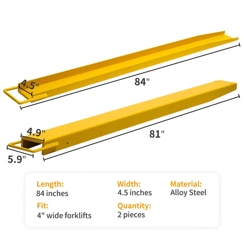 84 Inch Fork Extensions For Forklifts, Heavy Duty Pallet Fork Extensions 4.5 Inch Wide, Durable Steel, Yellow, 1 Pair, YINTATECH