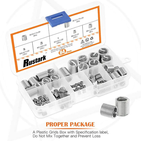 84 Piece 304 Stainless Steel Wire Thread Inserts Helicoil Type Screw Repair Sleeve Kit With M3 M4 M5 M6 M8 M10 M12 Sizes In A Grid Case