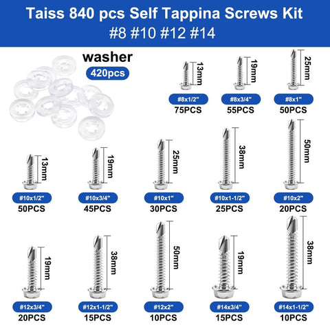 840pcs 410 Stainless Steel Self Tapping Screws Kit for Metal, Sizes #8 #10 #12 #14 with Rubber Washers, Screw Variety