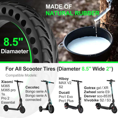 50/75-6.1 Tubeless Solid Tires for Electric Scooter, showing tire detail and natural rubber source with compatible scooter models