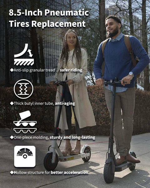 Two people with electric scooters showing 8.5 Tire Tube 50/75-6.1 Scooter Tire Replacement features like anti-slip tread and butyl inner tube.