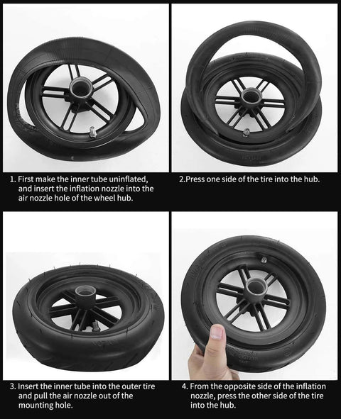 Installation guide for 8.5 Tire Tube 50/75-6.1 Scooter Tire Replacement for Gorax Electric Scooter, showing steps 1 to 4.