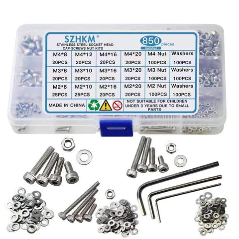 850 Piece Stainless Steel Nuts and Bolts Set M2 M3 M4 Hex Machine Screws Assortment Kit with Wrench in box.