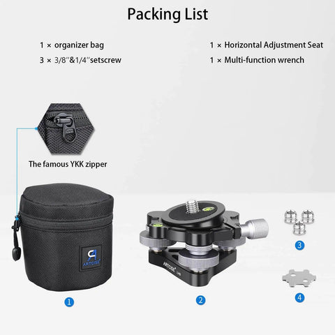 Effortlessly level a camera on uneven ground with this aluminum three legged leveling base featuring included accessories
