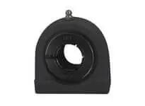 Front view of 1 1/4 Wide Black Tapped Thermoplastic Housing for washdown bearings with stainless steel insert, 1 7/16 inch bore.