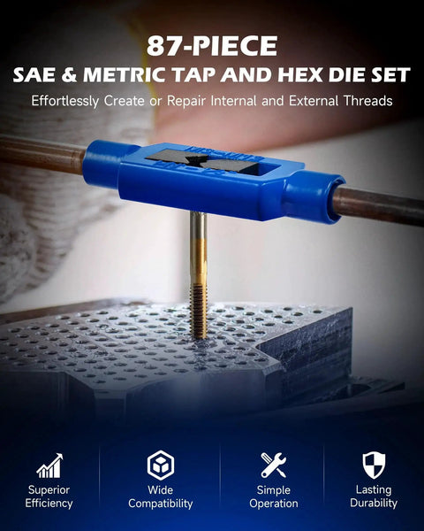 All In One 87 Piece Tap And Die Set for SAE and Metric Threads in action with tap threading on metal for internal threads