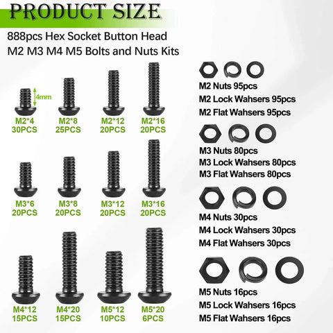 888Pcs Metric Screw Assortment Kit M2 M3 M4 M5 Hex Button Head Screws 10.9 Alloy Steel With Nuts Washers For 3D Printing