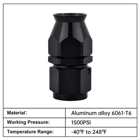 8AN PTFE Hose End Fitting Straight Black, aluminum swivel PTFE fitting, temperature range -40°F to 248°F, 1500 PSI rated
