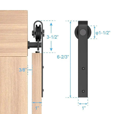 8ft Super Mini Sliding Barn Door Hardware Kit detail with dimensions for TV stands, cupboards, and storage cabinets.